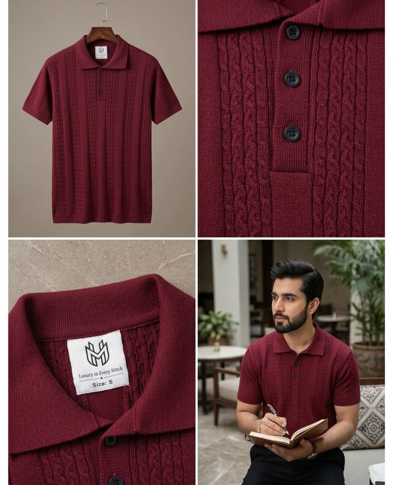 Maroon Cable-Knit Cotton Polo