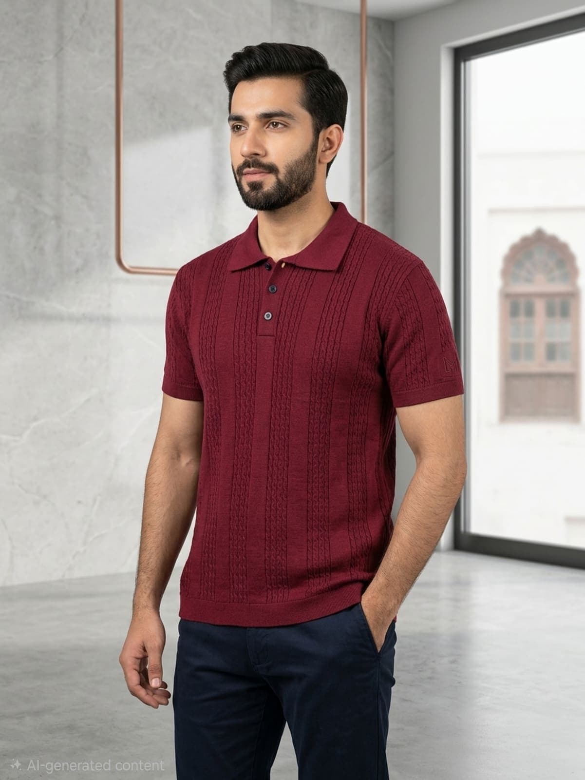 Maroon Cable-Knit Cotton Polo
